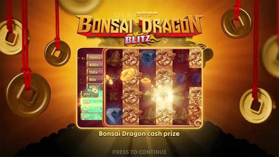 Intro screen of Bonsai Dragon Blitz Dream Drop showcasing the cash prize ladder, golden bonsai trees, and high win potential.