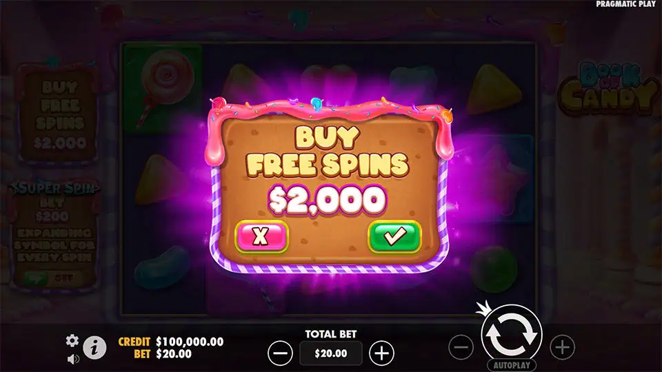 Buy Free Spins feature in Book of Candy slot, available for x100 the bet.