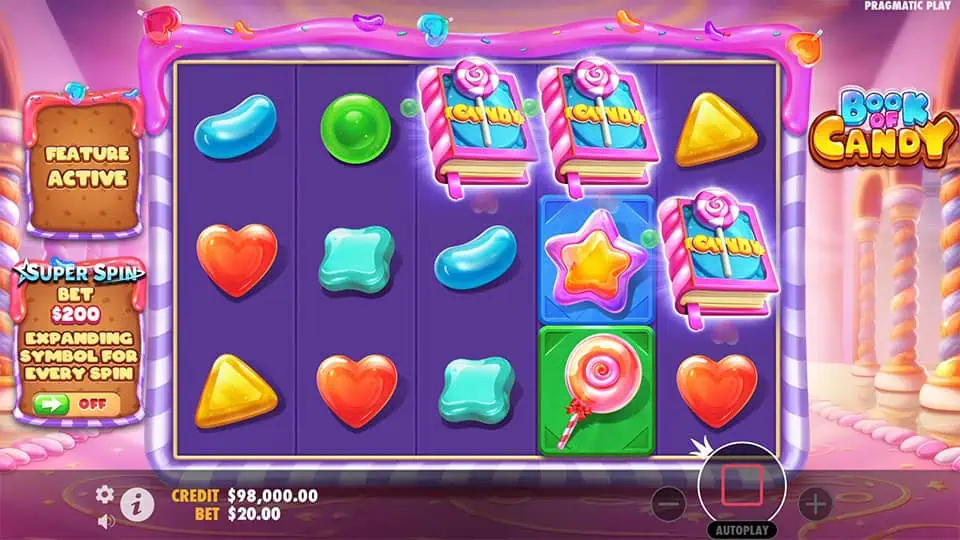 Three Scatter symbols appearing in Book of Candy slot, triggering the Free Spins bonus round.