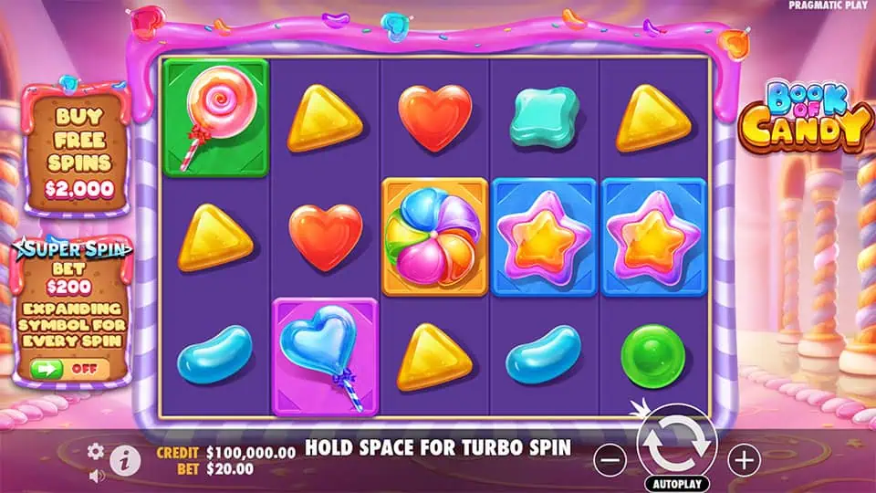 Preview of Book of Candy slot showing the reels and candy-themed symbols in action.