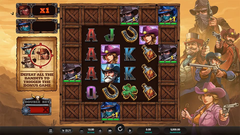 Bounty County slot grid with outlaw symbols and bonus trigger message.