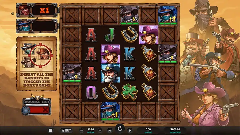 Bounty County slot grid with outlaw symbols and bonus trigger message.