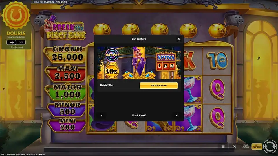 Buy Feature in Break The Piggy Bank slot allowing direct entry into the Hold & Win Bonus for x70 the bet.