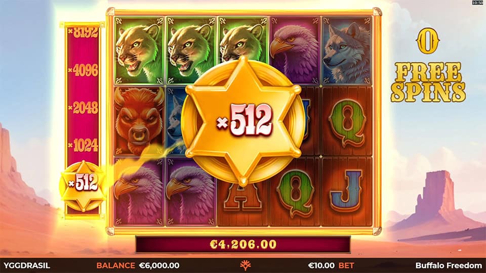 Buffalo Freedom DoubleMax slot showcasing a x512 multiplier with golden stars.