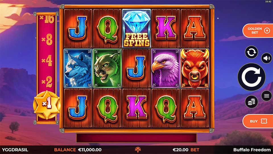 Buffalo Freedom DoubleMax slot reels featuring buffalo, wolves, and eagles.
