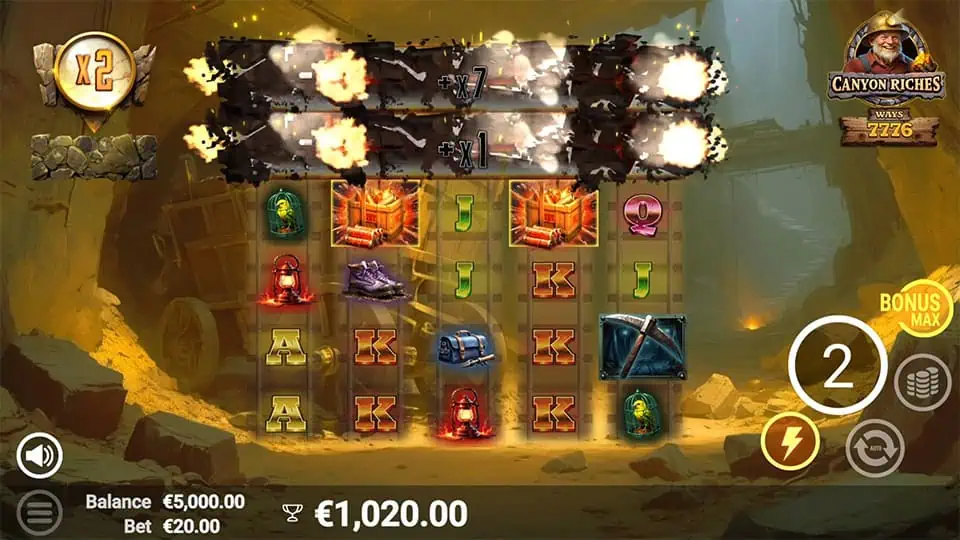 Dynamite feature in Canyon Riches slot, showing exploding reels with increasing multipliers.