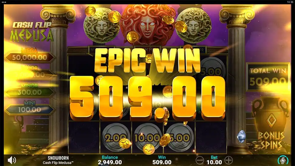 Epic Win screen in Cash Flip Medusa slot displaying a €509 payout.