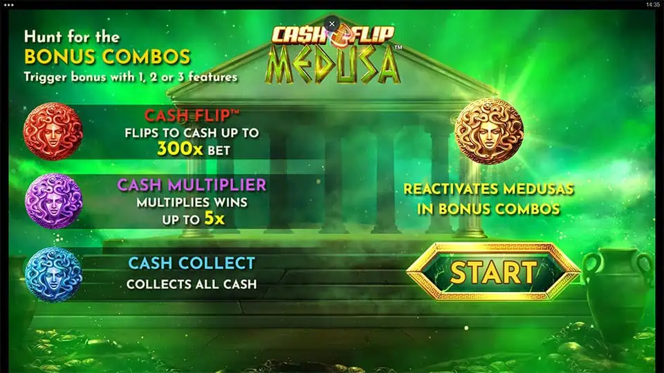 Homepage of Cash Flip Medusa slot introducing game features and bonus mechanics.