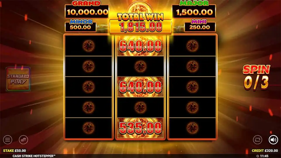 Total win screen in Cash Strike Hotstepper Megaways slot displaying a €1,815 payout.