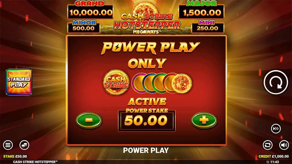 Power Play feature in Cash Strike Hotstepper Megaways slot, offering enhanced gameplay options.