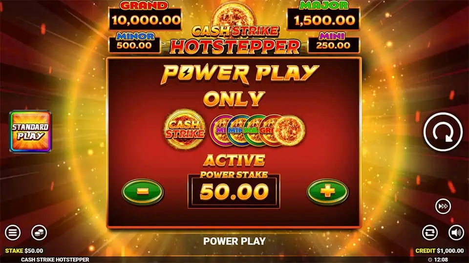 Power Play feature in Cash Strike Hotstepper slot, offering enhanced gameplay options.