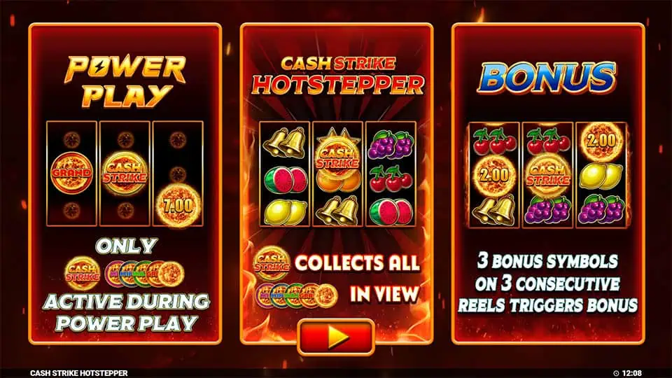 Homepage of Cash Strike Hotstepper slot introducing game features and bonus mechanics.