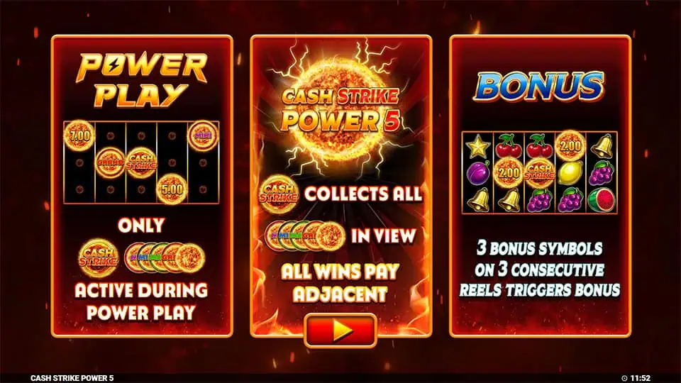 Homepage of Cash Strike Power 5 slot introducing game features and bonus mechanics.