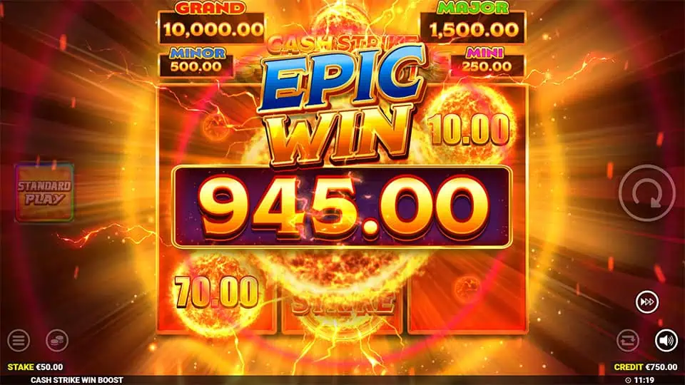 Epic win screen in Cash Strike Win Boost slot displaying a €945 payout.