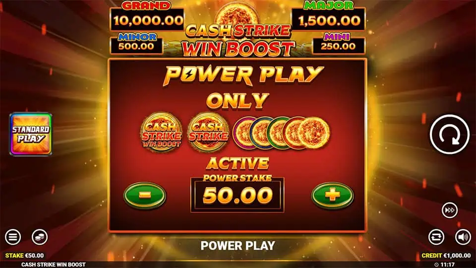 Power Play feature in Cash Strike Win Boost slot, enhancing gameplay options.