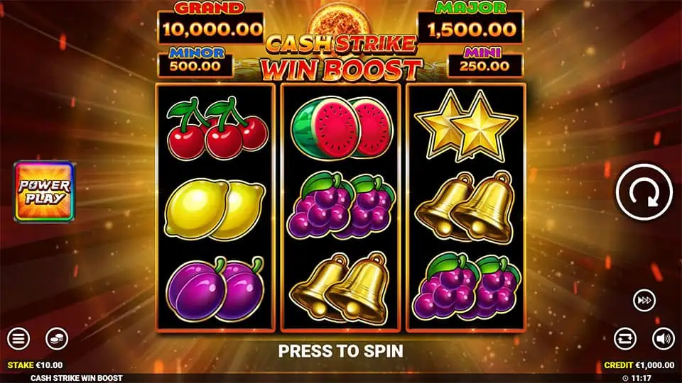 Preview of Cash Strike Win Boost slot showing the reels and themed symbols in action.