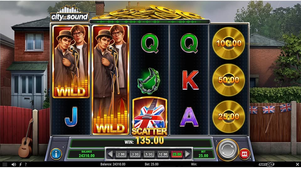 Wild symbol featuring band members holding a microphone on stacked reels.