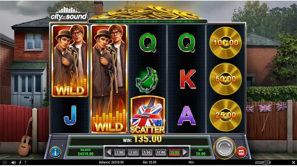 Wild symbol featuring band members holding a microphone on stacked reels.