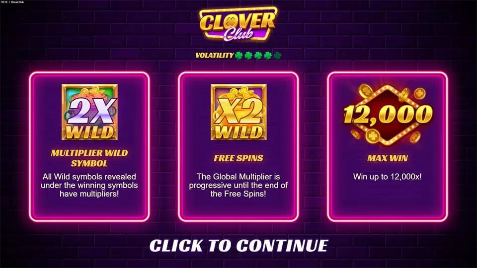 Homepage of Clover Club slot introducing game features and bonus mechanics.