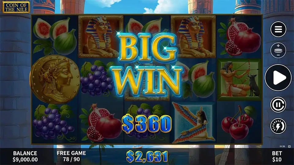 Big Win screen in Coin of the Nile slot displaying a €360 payout.