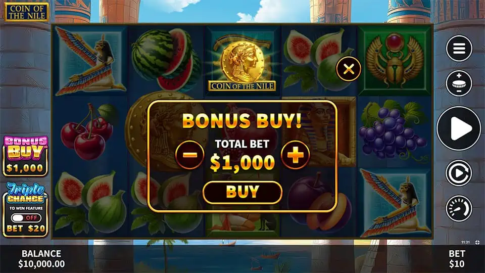 Buy Bonus feature in Coin of the Nile slot allowing direct entry into the Free Spins Bonus for x100 the bet.