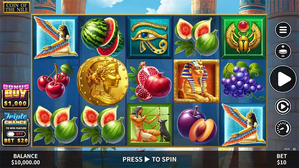 Preview of Coin of the Nile slot showing the reels and Egyptian-themed symbols in action.