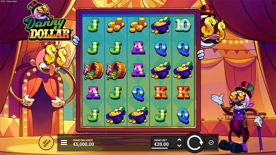 Danny Dollar base game with vibrant reels showing symbols like drums, gold coins, and cartoon-style card letters.