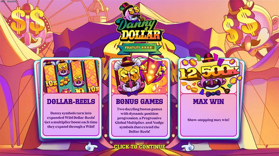 Danny Dollar intro screen highlighting Dollar-Reels, bonus games, and max win of 12,500x in a circus-style layout.