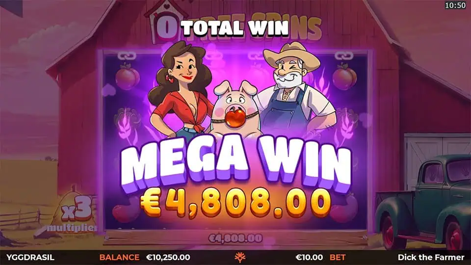 “Mega Win” screen with €4,808.00 payout, showing the farmer, pig, and woman characters celebrating in front of the barn reels.