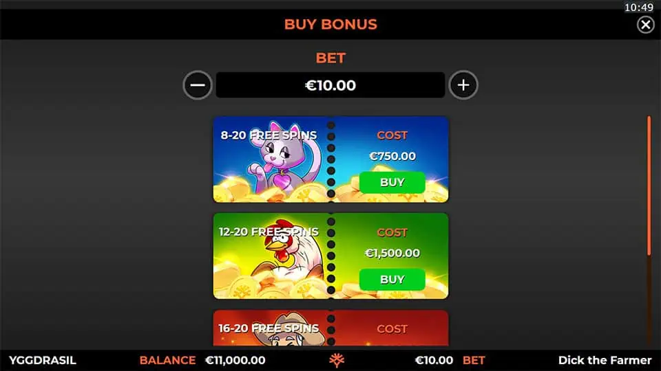 Bonus buy menu with options to purchase 8–20, 12–20, or 16–20 free spins at different price points based on chosen bet.
