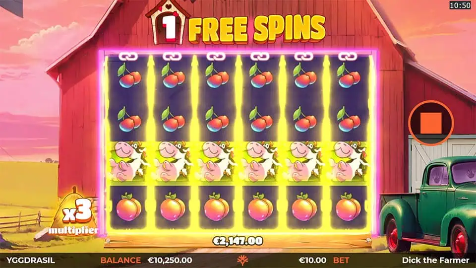 Free Spins mode with glowing chained synced reels, cow symbols stacked, and a 3x multiplier displayed on a barn wall.