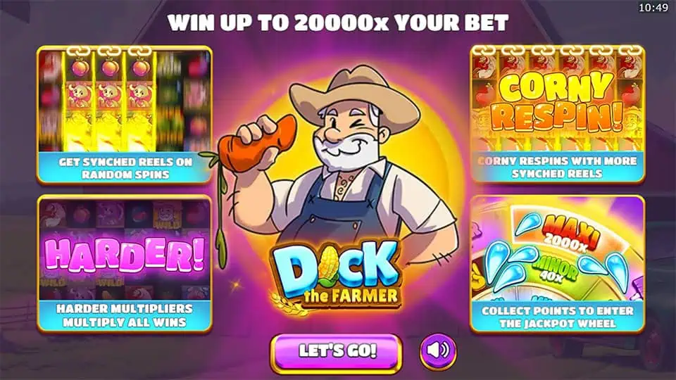 Intro screen with cartoon farmer and game feature highlights including synced reels, multipliers, respins, and jackpot wheel.