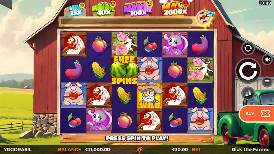 Gameplay screen on a red barn with animal and fruit symbols, “Free Spins” scatter, wild symbol, and jackpot tiers on top.