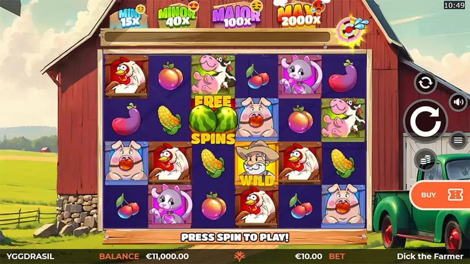 Gameplay screen on a red barn with animal and fruit symbols, “Free Spins” scatter, wild symbol, and jackpot tiers on top.