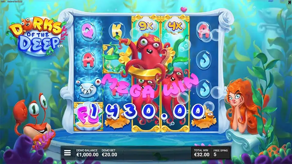 Mega Win screen in Dorks of the Deep slot displaying a €1,430 payout.