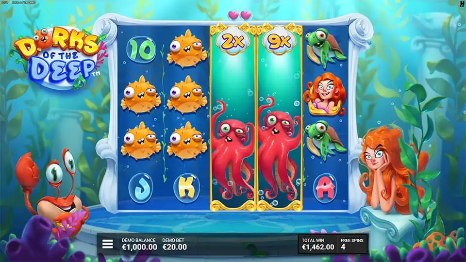 Two Expanding Wild reels appearing in Dorks of the Deep slot with multipliers of x2 and x9.