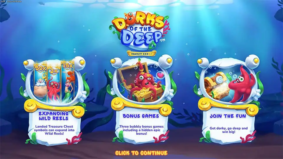 Homepage of Dorks of the Deep slot introducing game features and bonus mechanics.