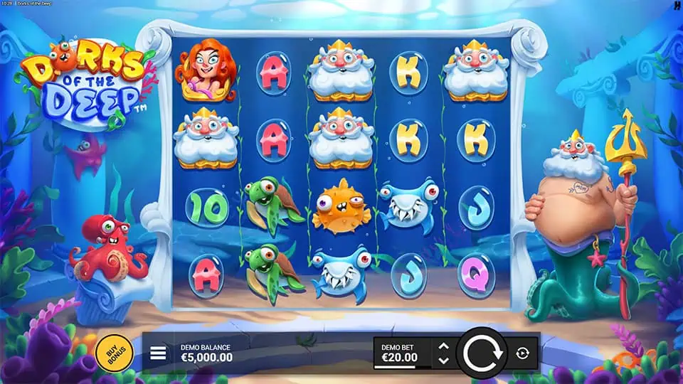 Preview of Dorks of the Deep slot showing the reels and deep-sea-themed symbols in action.