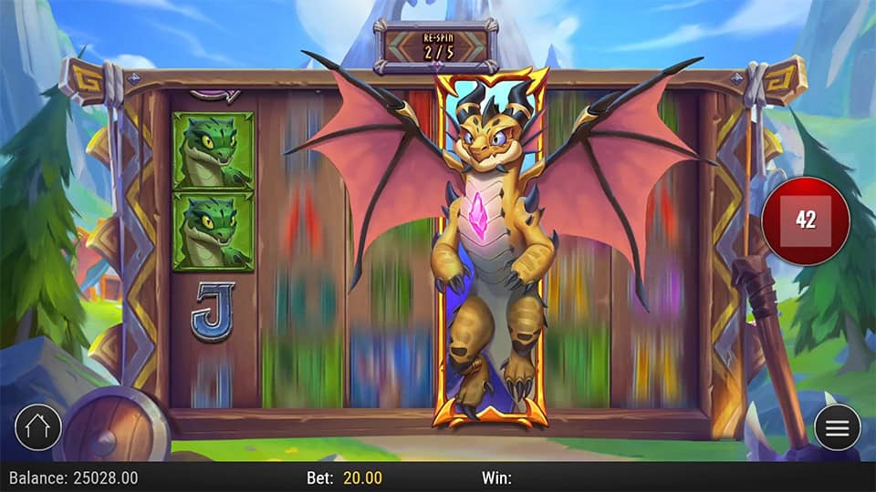Dragonfate’s Favor slot showing a stacked Goldar dragon symbol triggering the respin bonus with 2/5 spins activated.