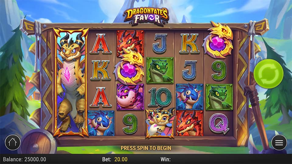 Base game screen of Dragonfate’s Favor slot featuring colorful dragons, fantasy creatures, and carved wooden reels.