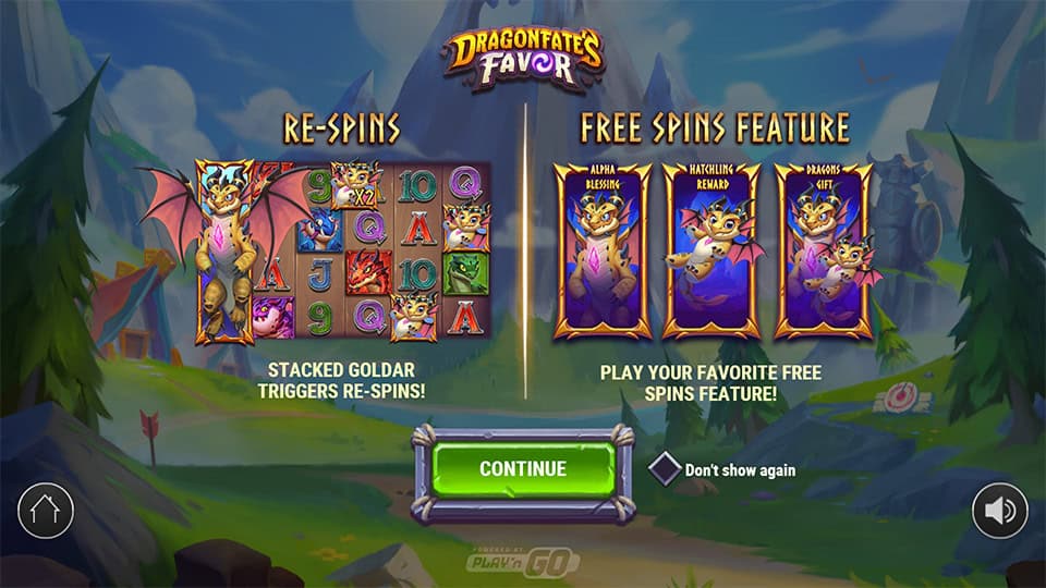 Introduction screen for Dragonfate’s Favor showing the Re-Spins and three Free Spins modes: Alpha Blessing, Hatchling Reward, and Dragon’s Gift.