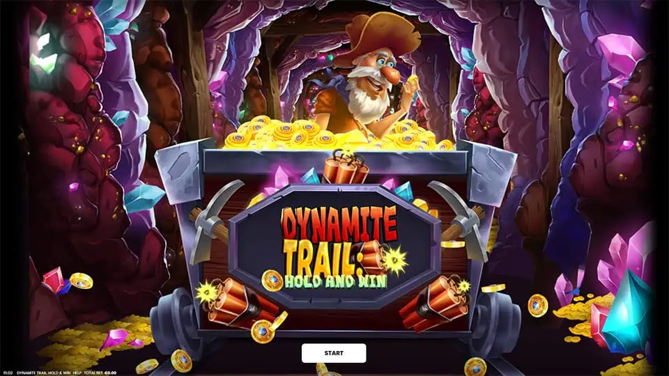 Homepage of Dynamite Trail: Hold and Win slot introducing game features and bonus mechanics.