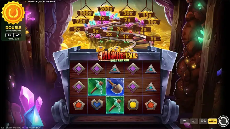 Preview of Dynamite Trail: Hold and Win slot showing the reels and mining-themed symbols in action.