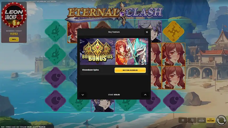 Buy Feature in Eternal Clash slot allowing direct entry into the Showdown Free Spins Bonus for x250 the bet.