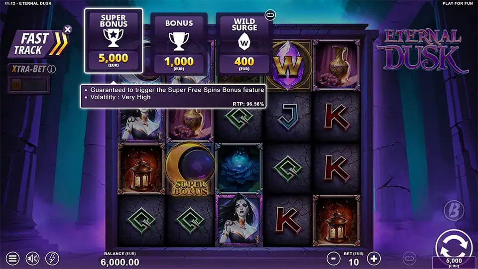 Fast Track feature in Eternal Dusk slot offering Wild Surge for 40x the bet, Free Spins for 100x, and Super Free Spins for 500x.