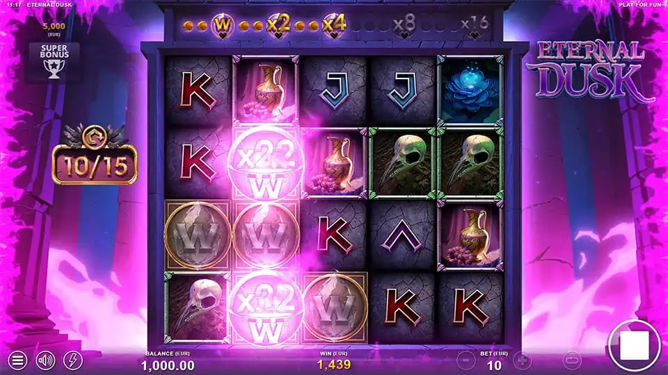 Wild Surge feature in Eternal Dusk slot creating two sticky wild multipliers of x22.