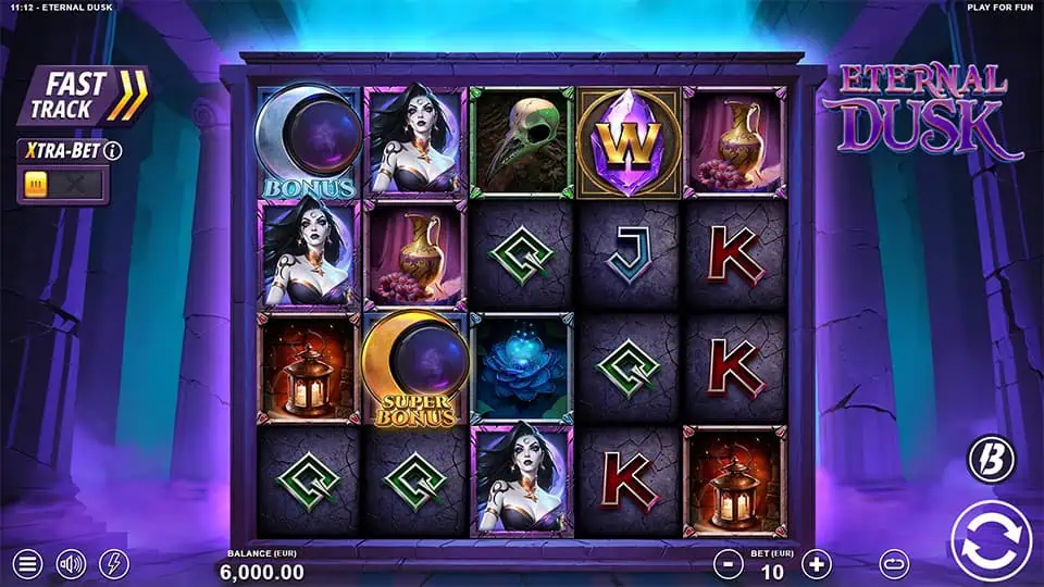 Preview of Eternal Dusk slot showing the reels and eerie-themed symbols in action.