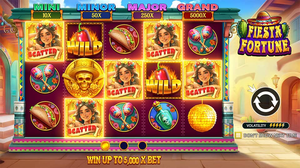 Intro screen of Fiesta Fortune slot showcasing its festive visuals, jackpot tiers, and the promise of up to 5,000x the bet.