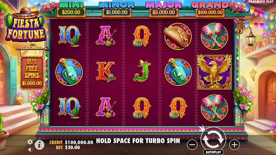 Main game screen of Fiesta Fortune slot with vibrant symbols like tacos, maracas, and wilds set against a Mexican festival background.
