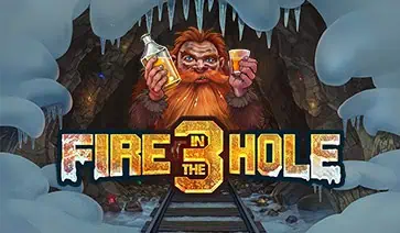 Fire in the Hole 3 slot logo with bearded miner holding dynamite and drink in front of a cave, on a frosty background.
